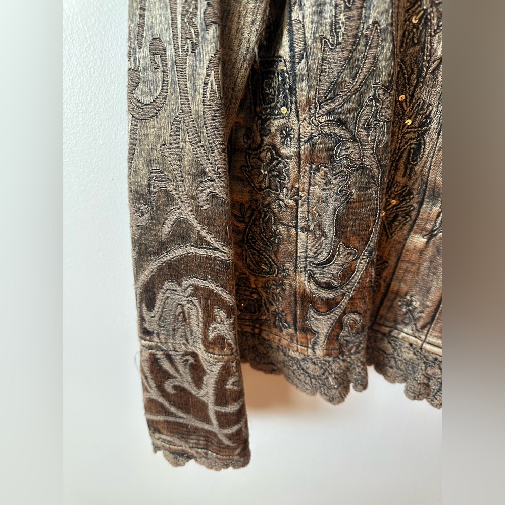 Vintage Flashback Lg Tapestry Embroidered Crocheted Beaded Boho Brown Jacket - Picture 12 of 16